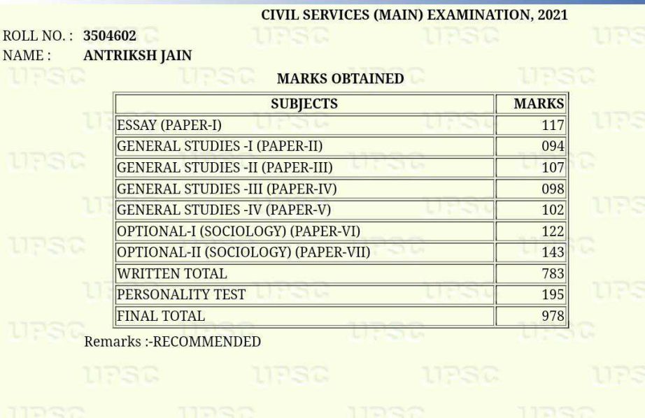 Antriksh Jain Upsc Topper Marksheet Age Sociology Notes
