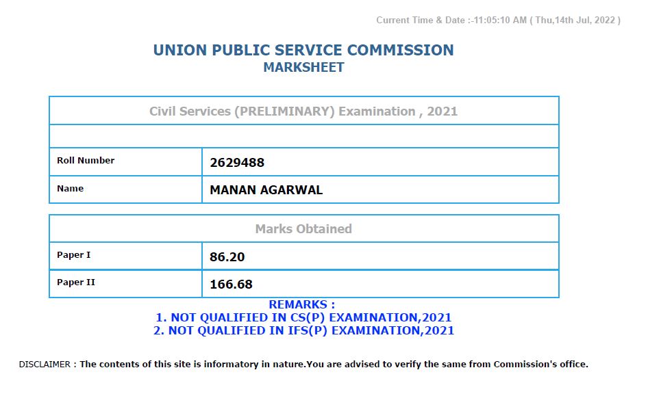 Manan Agarwal UPSC Prelims 2021 Marksheet 